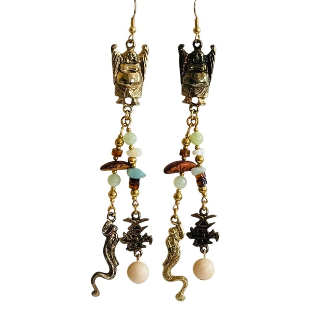 VTG Runway Buddha Dragon Serpent snake charm Earrings stone beads Dangle BOHO‎